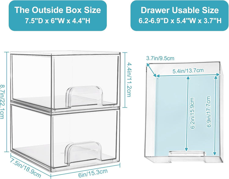 1 2 4 Pack Clear Stackable Storage Drawers, 11.2cm, 4.4in Tall Acrylic Bathroom Makeup Organizer,Plastic Storage Bins For Vanity, Undersink, Kitchen Cabinets, Pantry, Home Organization