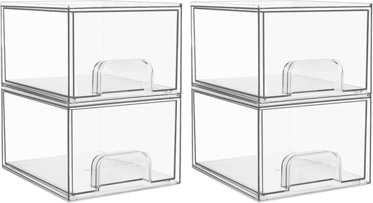 1 2 4 Pack Clear Stackable Storage Drawers, 11.2cm, 4.4in Tall Acrylic Bathroom Makeup Organizer,Plastic Storage Bins For Vanity, Undersink, Kitchen Cabinets, Pantry, Home Organization